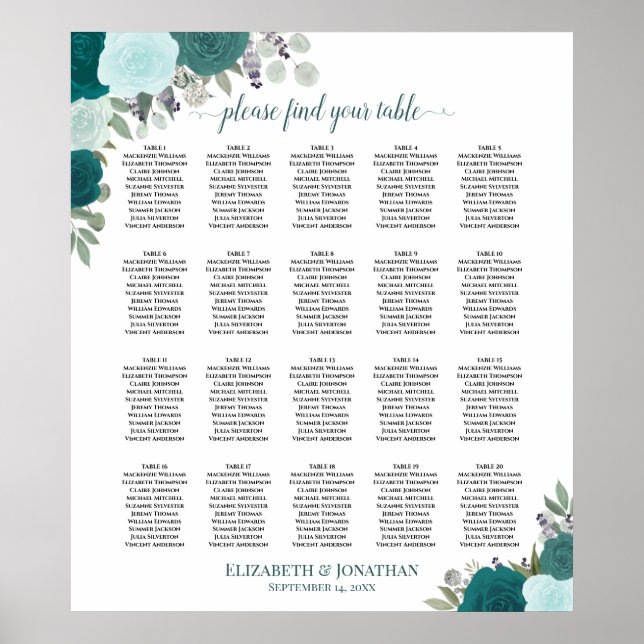 Poster 20 Gráfico de Assentos de Casamento Floral de Teal (Frente)