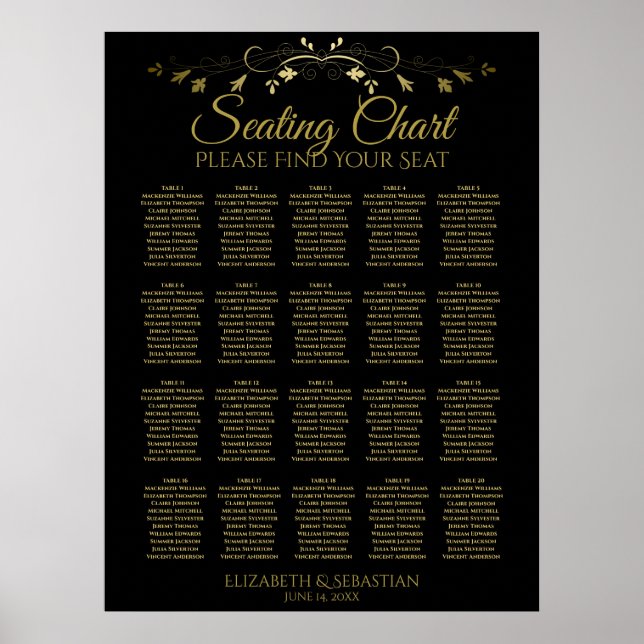 Poster 20 Gráfico de Assentos de Casamento Negro Dourado  (Frente)