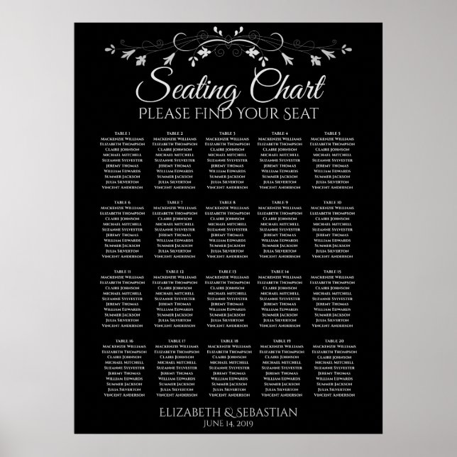 Poster 20 Gráfico de Assentos de Casamento Negro Elegante (Frente)