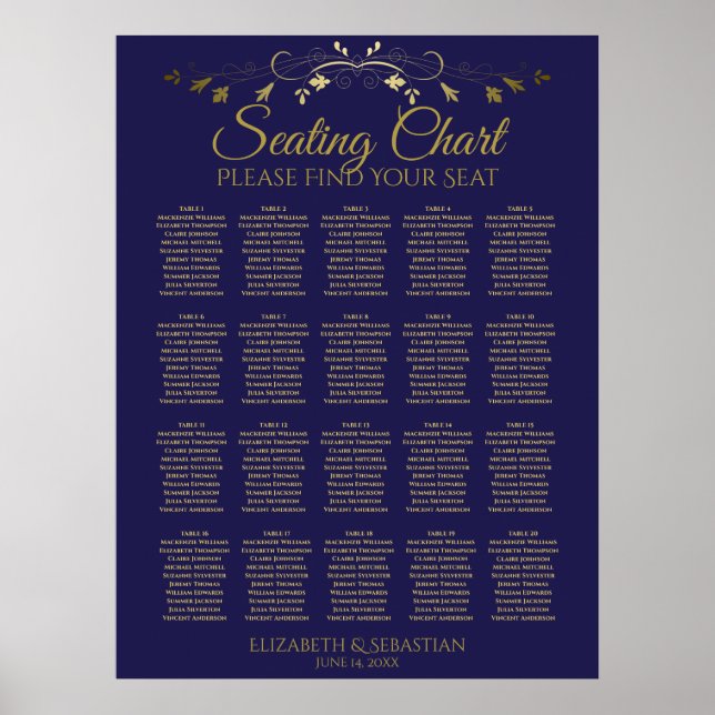 Poster 20 Table Elegant Gold & Navy Wedding Seating Chart (Frente)