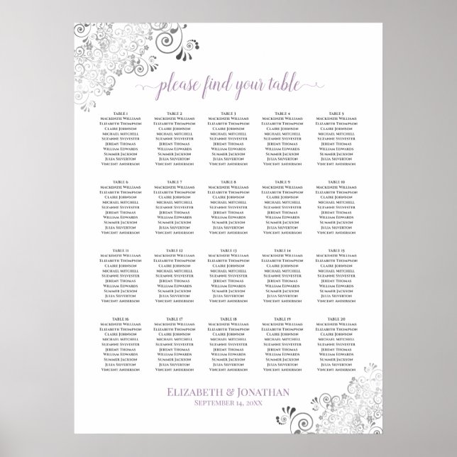 Poster 20 Table Lacy Wedding Seating Chart White Lavender (Frente)
