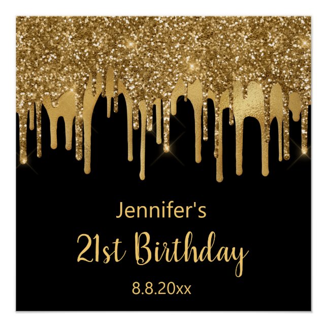 Pôster 21 rua feliz aniversário dourado preto na moda (Frente)