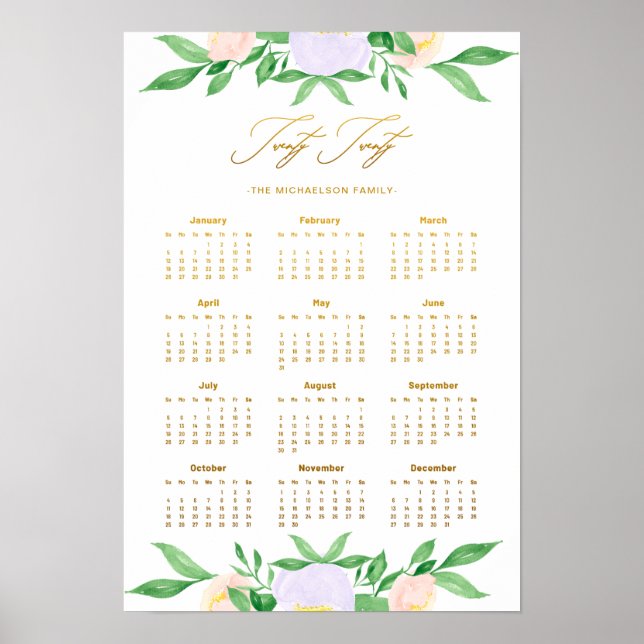 Poster 222 Floral e Nome Faux Dourado Calendário (Frente)