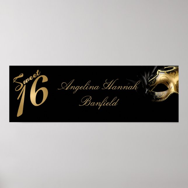 Poster 22,5"x7,5" de faixa personalizada Sweet 16 Dourado (Frente)