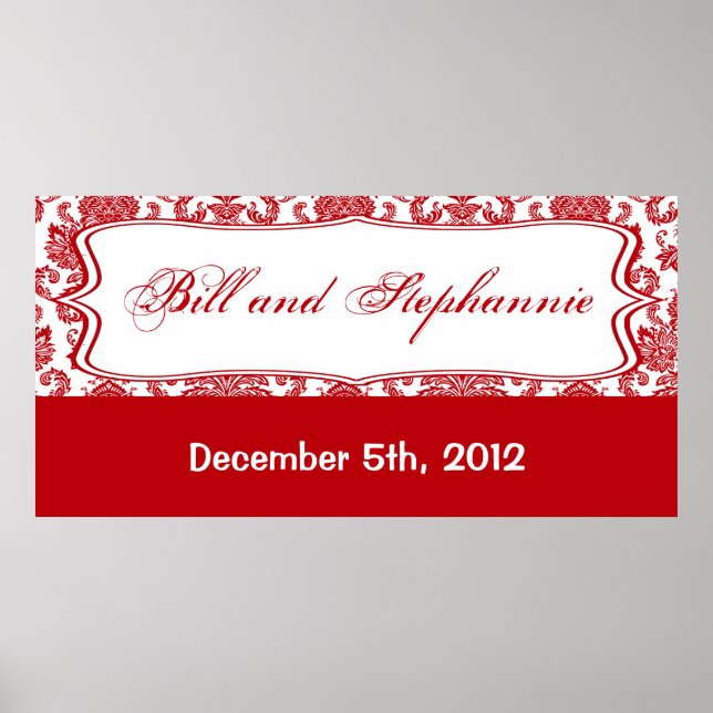 Pôster 22.5"x7.5" Personalized Banner Red White Damask (Frente)