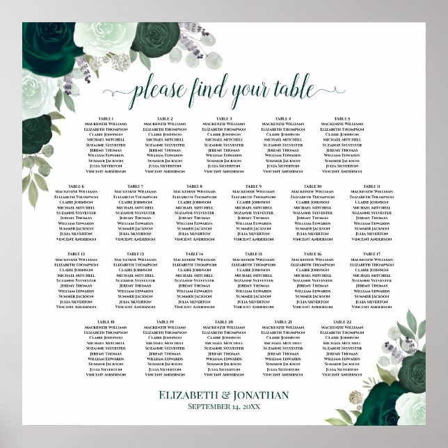 Poster 22 Mesa Emerald Boho Floral Wedding Seating Chart (Frente)