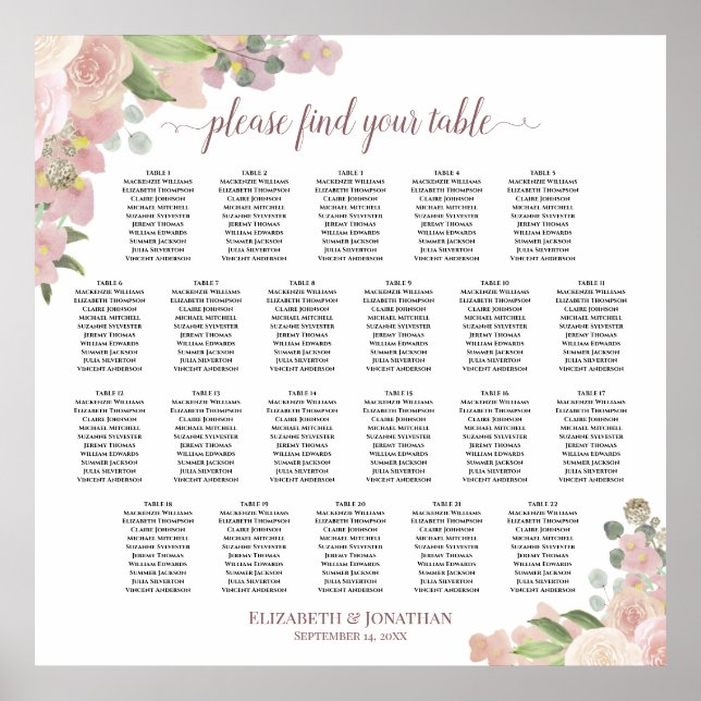 Poster 22 Table Rustic Pink Floral Wedding Seating Chart (Frente)