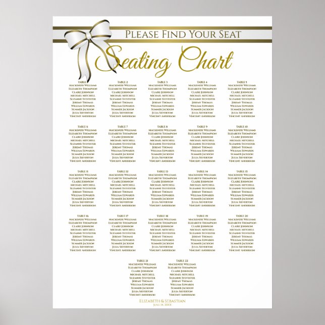 Poster 22 Table White & Gold Ribbon Wedding Seating Chart (Frente)