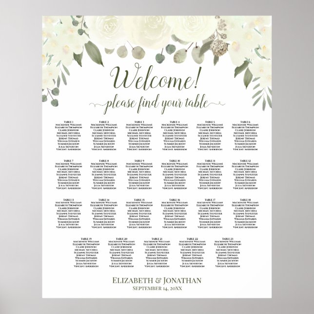 Poster 23 Mesa Ivory White Floral Wedding Seating Chart (Frente)