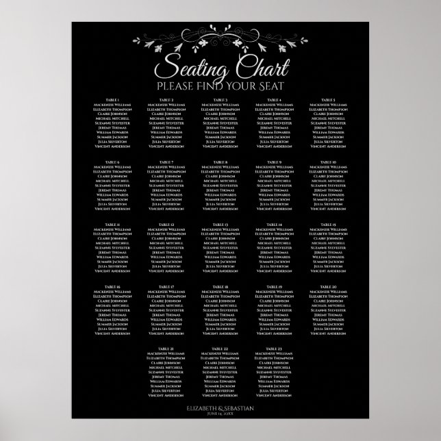 Poster 23 Table Elegant Black Wedding Seating Chart (Frente)