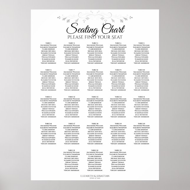 Poster 23 Table Silver Flourish Wedding Seating Chart (Frente)