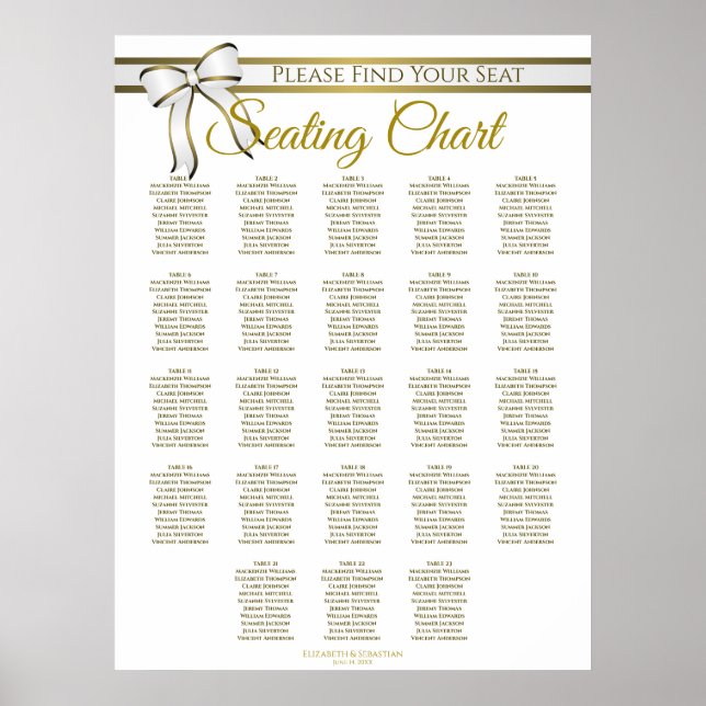 Poster 23 Table White & Gold Ribbon Wedding Seating Chart (Frente)