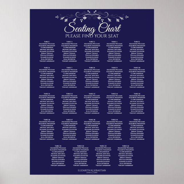Poster 24 Gráfico de Casamento Azul Marinho Elegante Mesa (Frente)