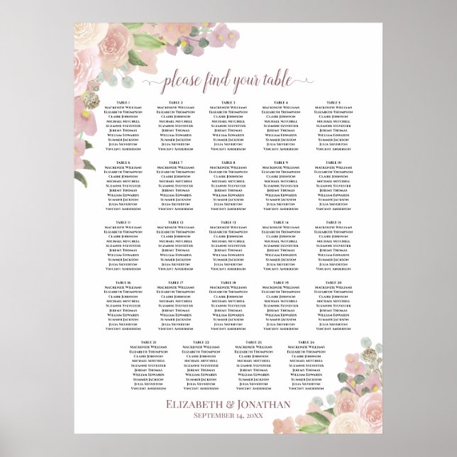 Poster 24 Mesa Cartaz de Assentos de Casamento Floral Ros (Frente)
