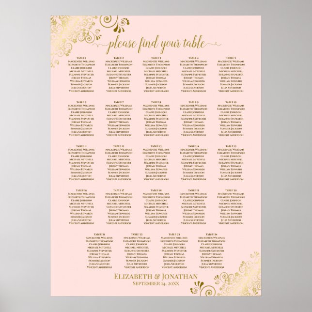 Poster 24 Table Blush Pink & Gold Wedding Seating Chart (Frente)