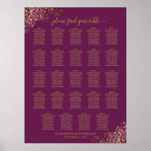 Poster 24 Table Cassis Purple Gold Wedding Seating Chart
