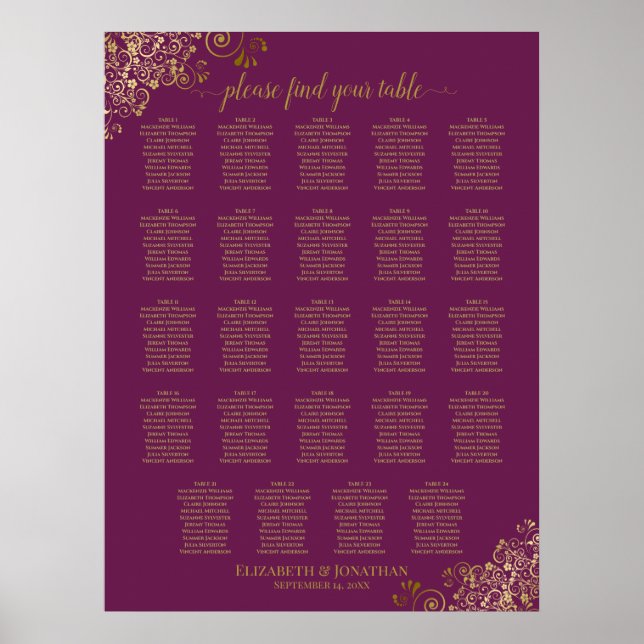Poster 24 Table Cassis Purple Gold Wedding Seating Chart (Frente)
