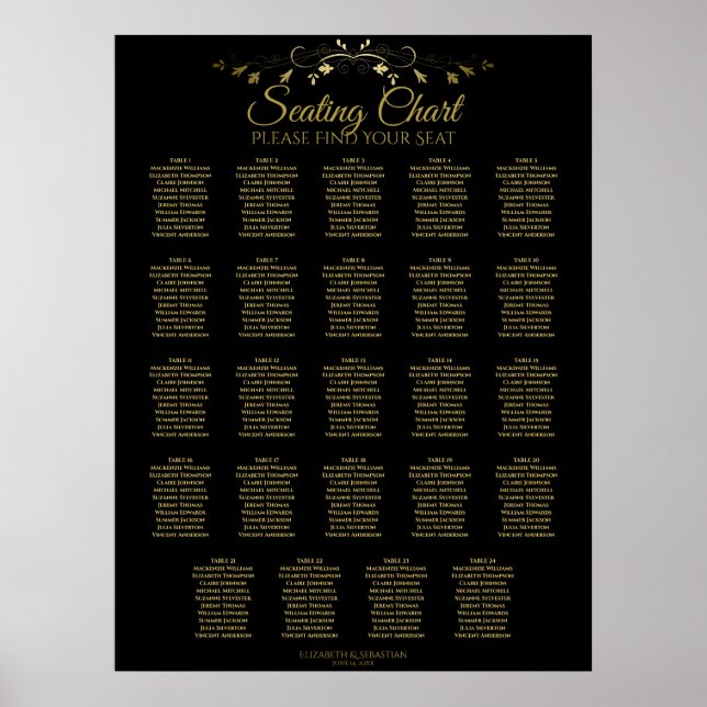 Poster 24 Table Chic Gold & Black Wedding Seating Chart (Frente)