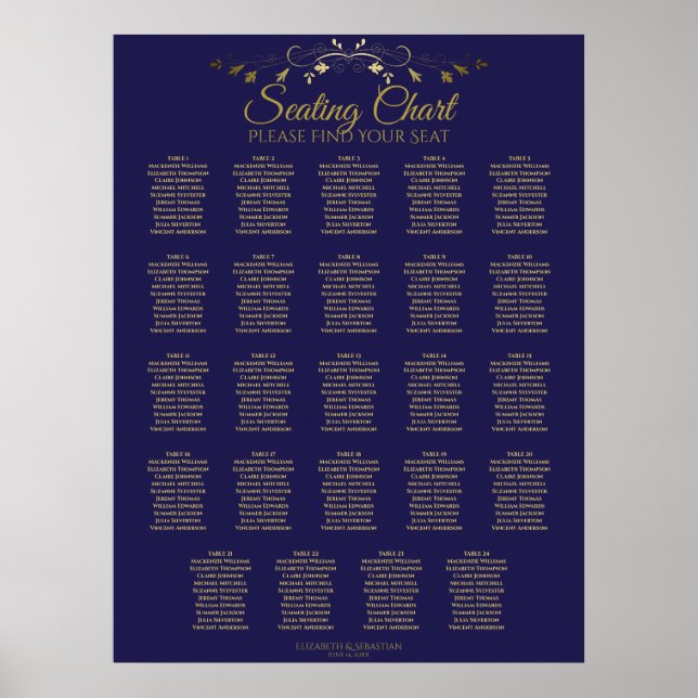Poster 24 Table Chic Gold & Navy Wedding Seating Chart (Frente)