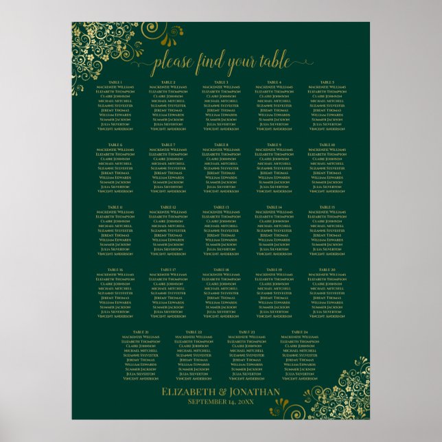 Poster 24 Table Emerald Green Gold Wedding Seating Chart (Frente)