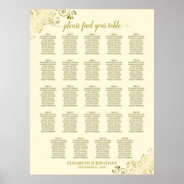 Poster 24 Table Gold & Cream Chic Wedding Seating Chart (Frente)