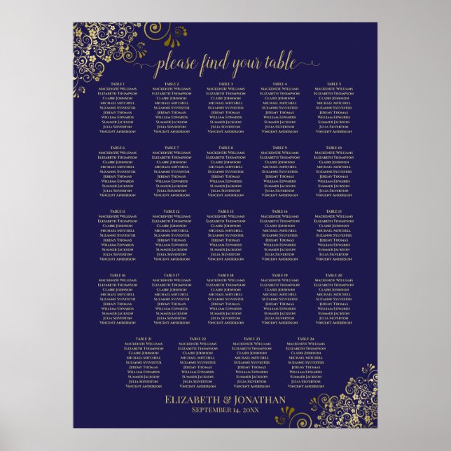 Poster 24 Table Gold Navy Blue Chic Wedding Seating Chart (Frente)