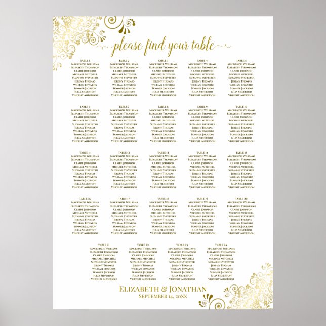 Poster 24 Table Gold & White Chic Wedding Seating Chart (Frente)