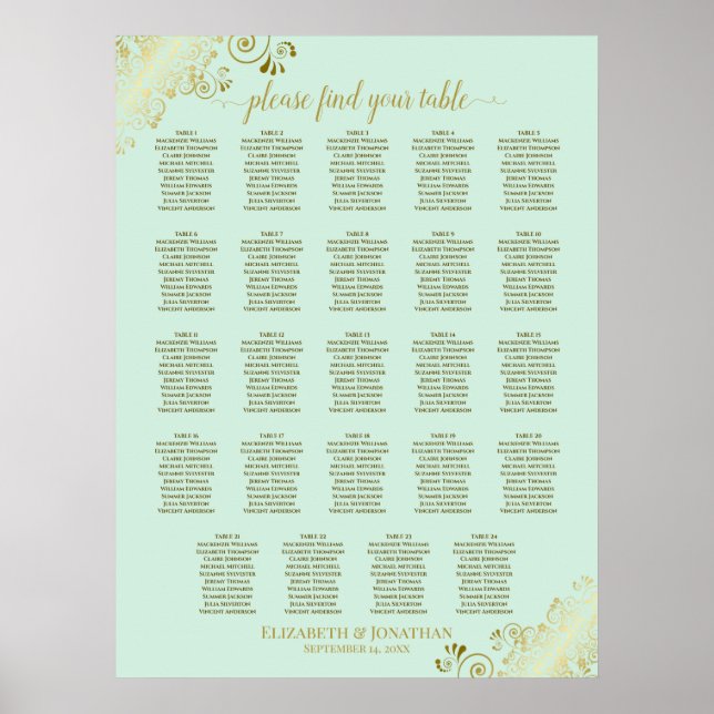 Poster 24 Table Mint Green & Gold Wedding Seating Chart (Frente)