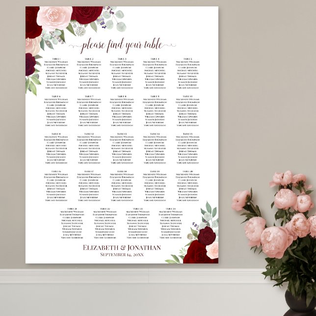 Poster 24 Table Red & Pink Floral Wedding Seating Chart (In Situ on Wall with Flowers)