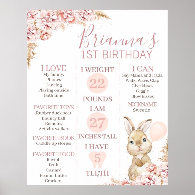 Poster 24x30 primeiro aniversario Boho Floral Bunny (Frente)