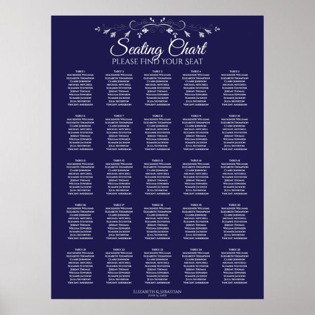 Poster 25 Gráfico de Casamento Azul Marinho Elegante Mesa (Frente)