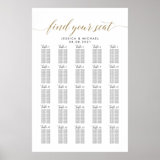 Poster 25 Mesa 250 Guest Large Wedding Seating Chart (Frente)