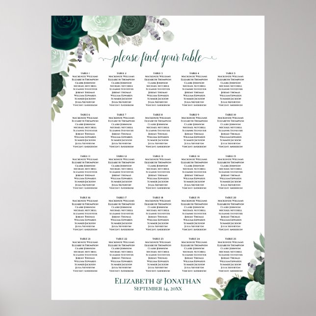 Poster 25 Mesa Emerald Boho Floral Wedding Seating Chart (Frente)