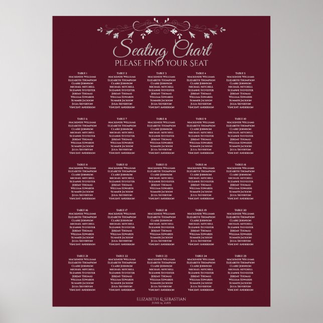 Poster 25 Table Elegant Burgundy Wedding Seating Chart (Frente)