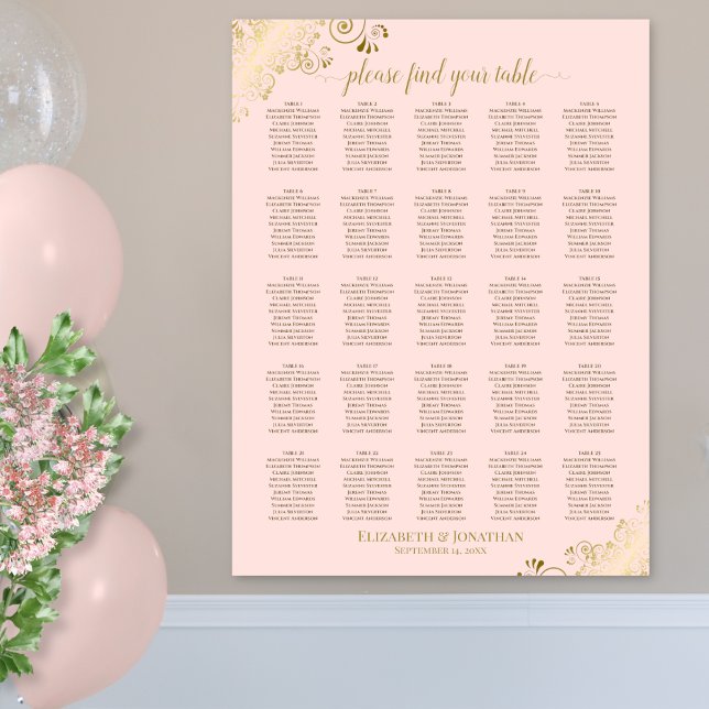Poster 25 Table Gold & Blush Pink Wedding Seating Chart (In Situ on Wall)