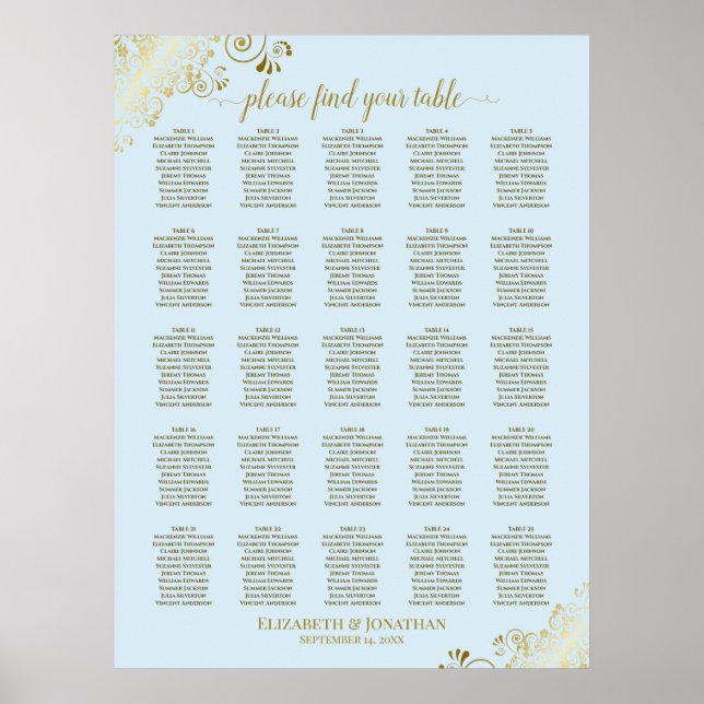 Poster 25 Table Gold & Powder Blue Wedding Seating Chart (Frente)