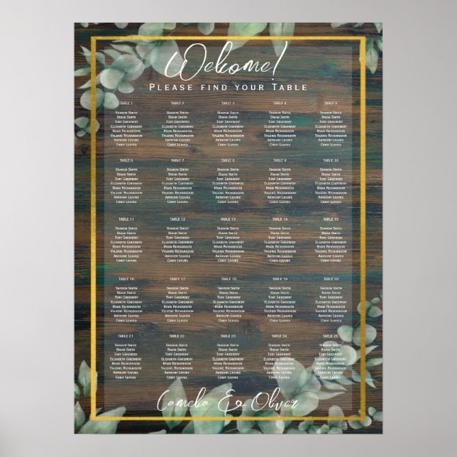 Poster 25 Table Greenery Leaves BUDGET Seating Charts (Frente)