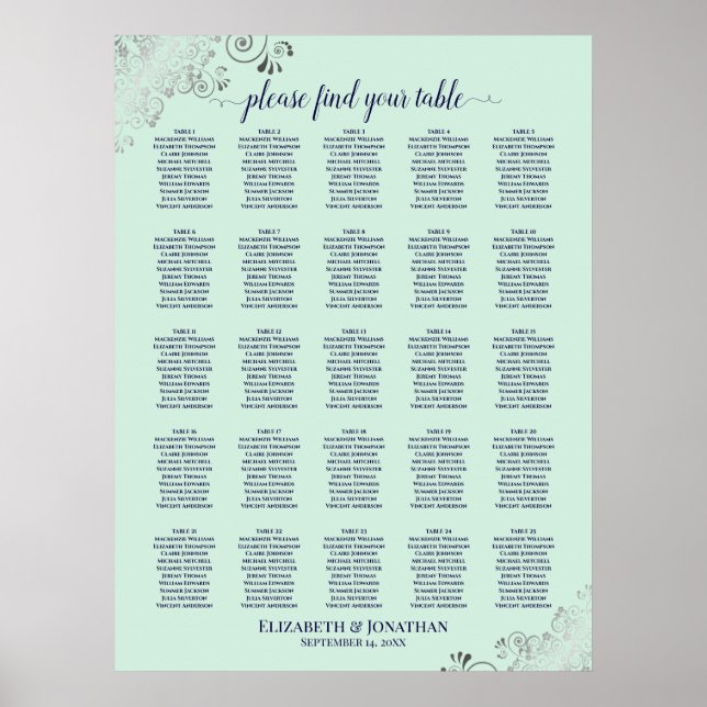 Poster 25 Table Navy & Mint Green Wedding Seating Chart (Frente)