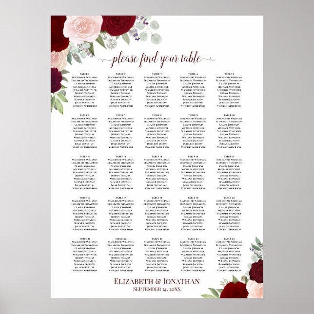 Poster 25 Table Red & Pink Roses Wedding Seating Chart (Frente)