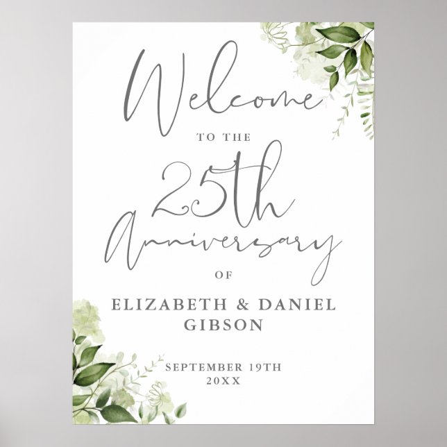 Poster 25th Wedding Anniversary Greenery Welcome Sign (Frente)