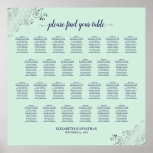 Poster 26 Table Wedding Seating Chart Mint Green & Navy