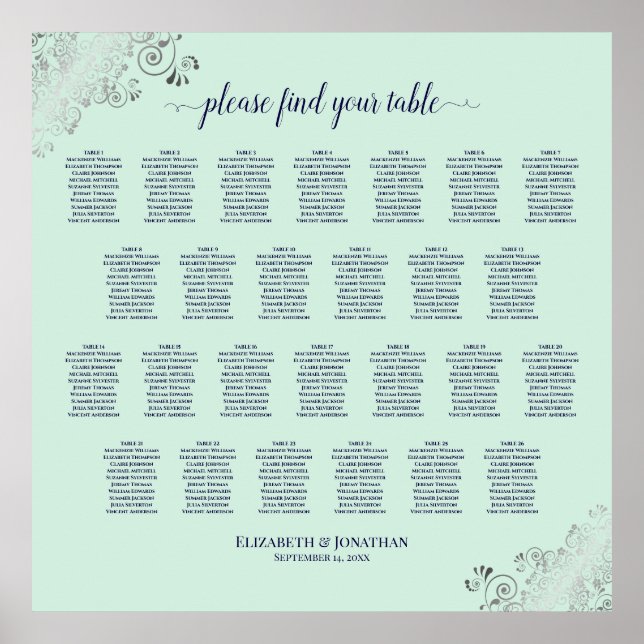 Poster 26 Table Wedding Seating Chart Mint Green & Navy (Frente)