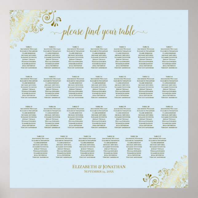 Poster 27 Gráfico de Casamento de Mesa Azul e Dourado (Frente)
