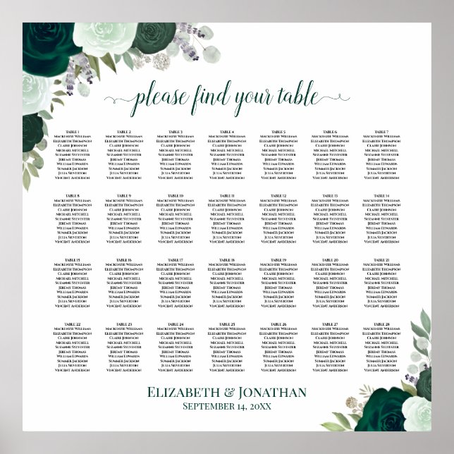 Poster 28 Mesa Emerald Boho Floral Wedding Seating Chart (Frente)