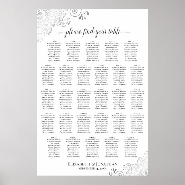 Poster 28 Mesa Gráfico de Assentos de Casamento Prata e B (Frente)