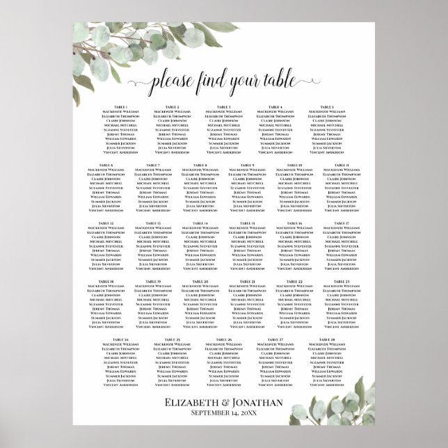 Poster 28 Table Wedding Seating Chart Eucalyptus Greenery (Frente)
