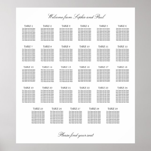 Poster 29 Gráfico de Assentos Minimalistas Elegantes Mesa (Frente)