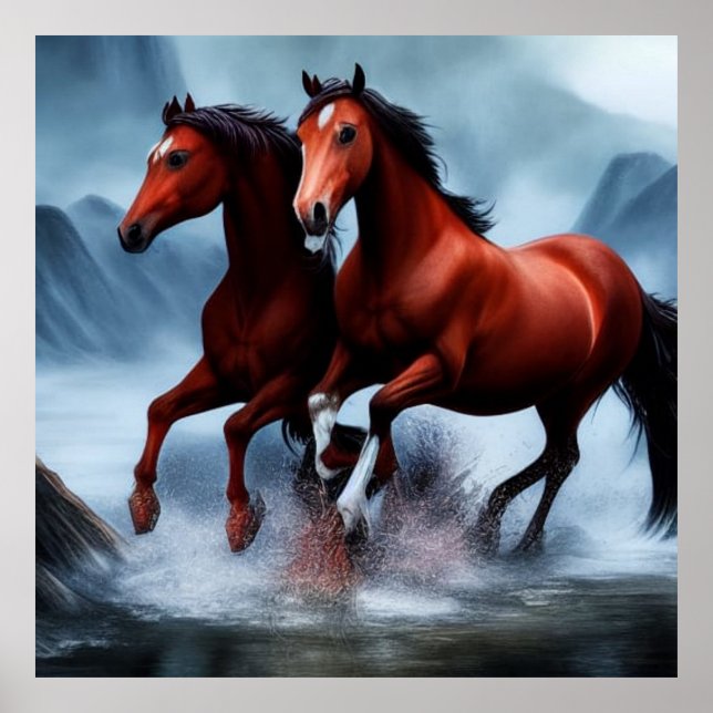 Poster 2 Belo cavalo de castanha selvagem no rio (Frente)