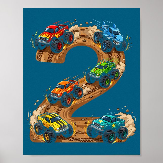 Poster 2 Year Old Monster Truck Boy Toddler 2nd Birthday  (Frente)