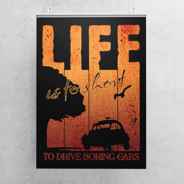 Poster 2CV Oldtimer Life é muito curta para dirigir carro (2CV Poster in Black with a Orange Sunset Background)